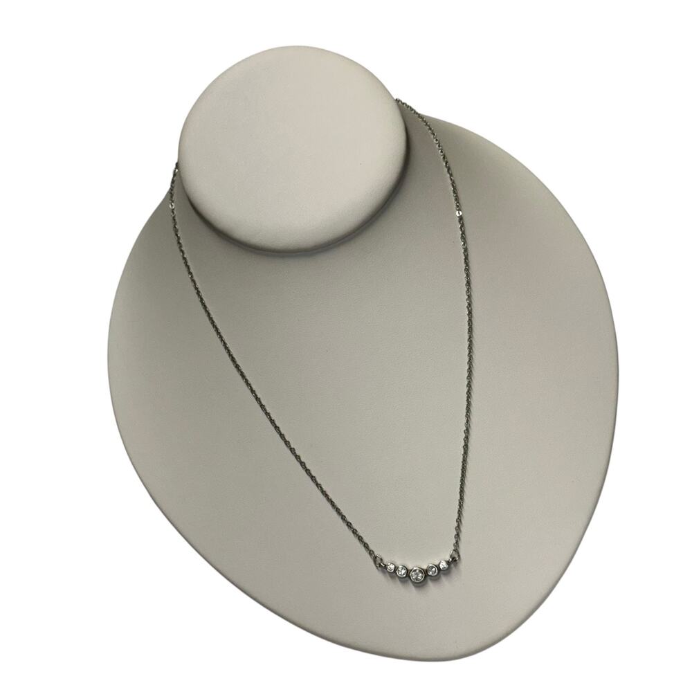 Silver Rhinestone Bezel Bar Necklace Graduated 5 Stone Dainty Chain - Picture 2 of 5